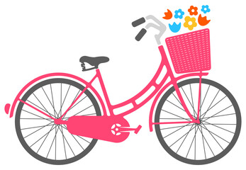 Bike with basket and flowers. Bicycle, biking, cyclist and velocipede, illustration