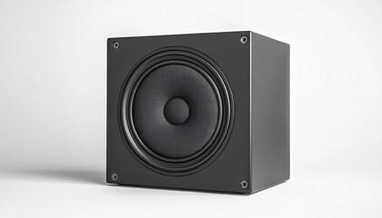 Obraz premium A black square subwoofer designed for enhanced audio performance in music and home theater systems.