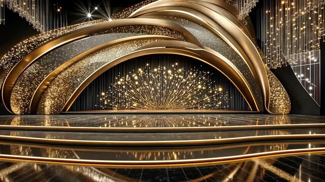 A stage with a gold and black theme is ready for an awards ceremony