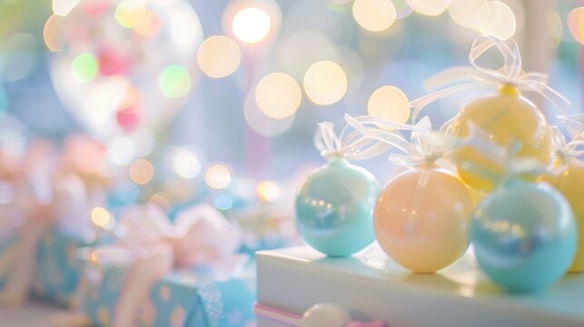 Defocused centerpieces of baby rattles and pacifiers on the gift table.