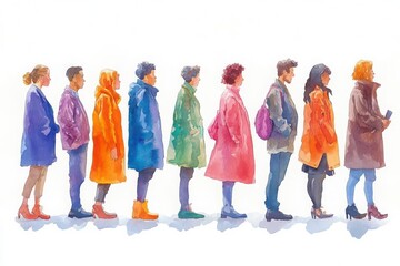 Fototapeta premium Watercolor of American citizens standing in line to vote, cartoon simplicity highlighting diversity and inclusion