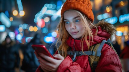 Young Woman Using Smartphone in Vibrant City at Night