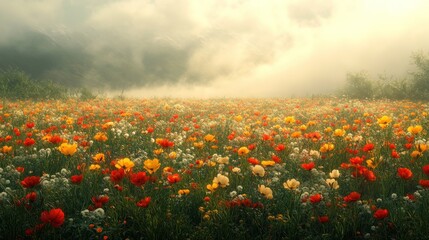Obraz premium A vibrant field of flowers under a misty sky.