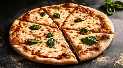 Close-up view of a freshly baked Margherita pizza with melted cheese and basil leaves, sliced on a dark surface