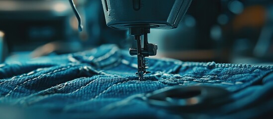 Close-up of a Sewing Machine Needle Piercing Denim Fabric