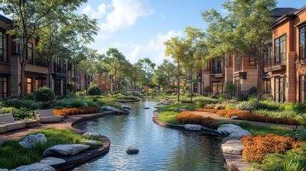 Serene neighborhood with a canal, gardens, and modern architecture.