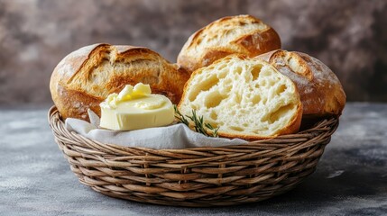 Freshly baked bread and butter arranged in a basket. This image of fresh bread and butter captures the warmth and inviting nature of a perfect breakfast or snack, with ample copy space.