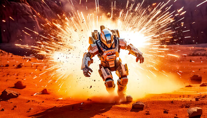 Astronaut in armored, robotic spacesuit in action on planet surface, Starship troopers, space exploration, galaxy study mission, space science. Explosion, unfriendly planet, space war, robot astronaut