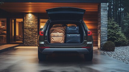 SUV car with open trunk, packed with luggage bag, car ready for roadtrip, the car is in the driveway home