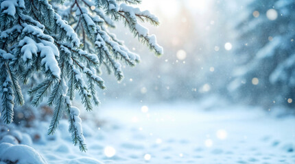 Snowy Winter Wonderland with Evergreen Branches and Soft Falling Snowflakes. New Year or Christmas concept