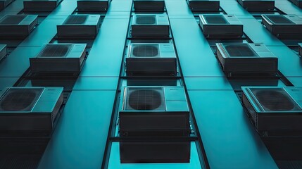 Obraz premium Close-up of air conditioning units on a sleek building facade, emphasizing modern design and climate control tech.