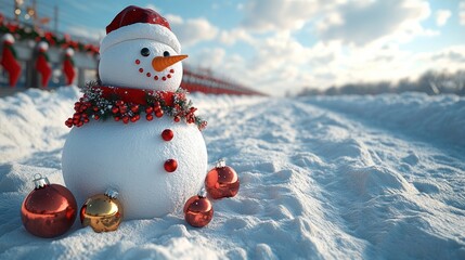 Fototapeta premium A cheerful snowman adorned with decorations in a snowy landscape.