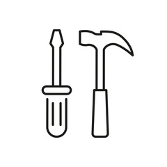 Screwdriver and Hammer Line Icon for Repair Services. Construction and Maintenance Tool Outline Symbol. Technical Support Sign. Editable Stroke. Isolated Vector Illustration