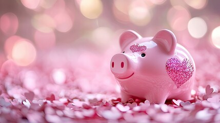 Cute pink piggy bank adorned with small hearts, representing saving for love and special Valentine moments.