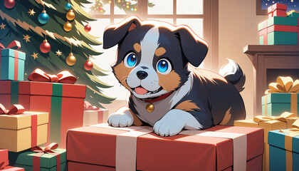 Joyful Puppy Surrounded by Christmas Gifts