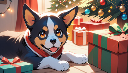 Joyful Puppy Surrounded by Christmas Gifts