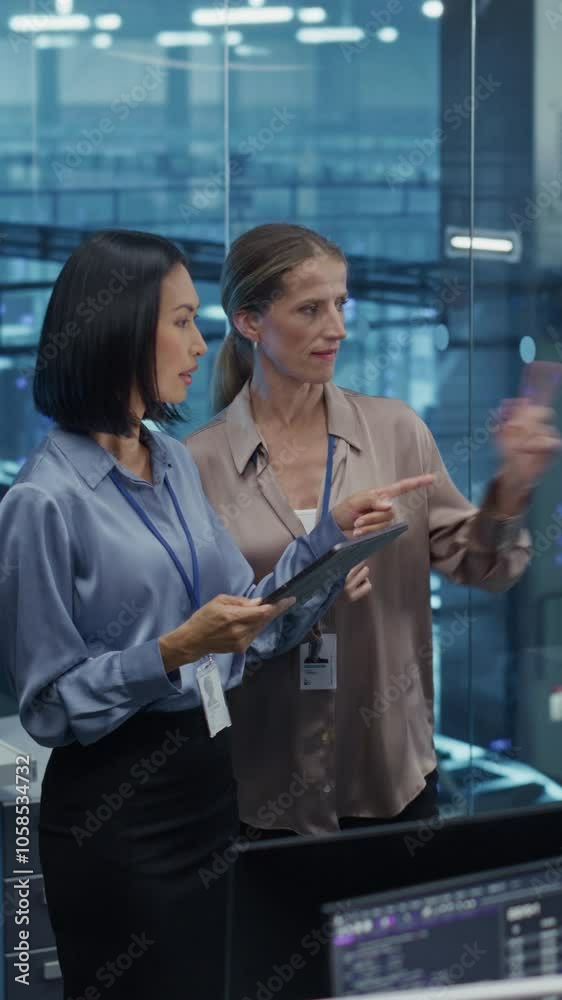 Poster vertical screen: two female data center engineers, an asian and caucasian women, collaborate using a