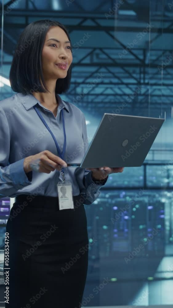 Poster Vertical Screen: Female Data Center Specialist Analyzes Server Performance on a Laptop, Optimizing Network Efficiency in a High-tech Environment. Developer Manages Cybersecurity and System Reliability