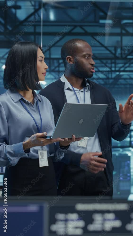 Poster Vertical Screen: Two Data Center Engineers, a Black Male and a Asian Female, Collaborate Using a Laptop Computer in a Glass Office Next to a Futuristic Server Room, Analyzing Software Data on Screen