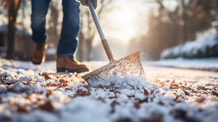 A person cleaning snow from side walk.