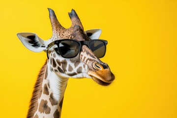 Obraz premium A stylish giraffe wearing sunglasses against a bright yellow background, showcasing a fun and playful vibe.