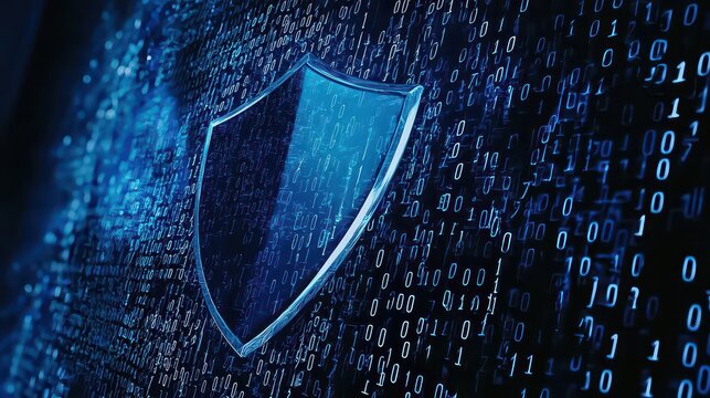 Network Security. Internet Security. Firewall. Blue shield symbol on a computer screen with binary code running in the background.