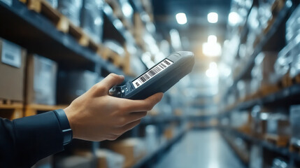 hand holding industrial barcode scanner in warehouse, scanning items. environment is filled with shelves of boxes, creating busy atmosphere