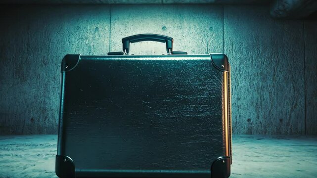 A black briefcase sits on a concrete floor in a dark, shadowy room