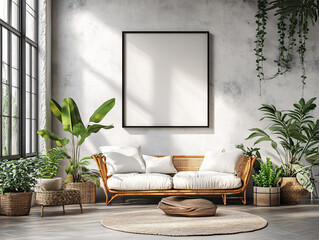 an interior space with a large, empty white wall frame and a chair in the corner.