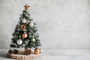 Festive Small Christmas Tree with Ornaments on Rustic Table for Holiday Decor