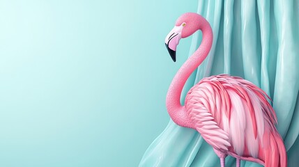 Fototapeta premium Flamingo pink curtain banners create a vibrant contrast against a light blue background, adding a playful touch. Ideal for design projects and creative uses with ample copy space.