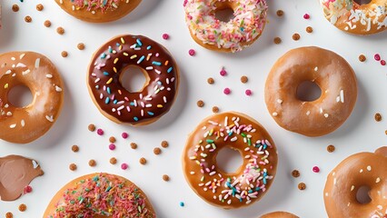 Donuts with various toppings, picture seen from the top angel.