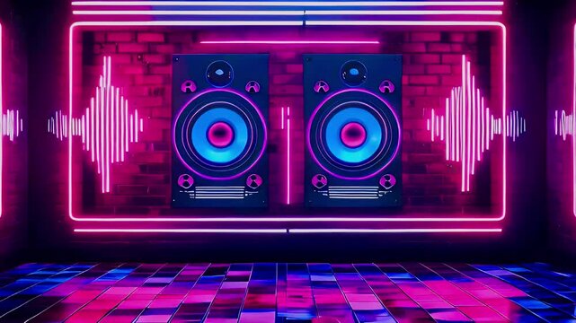 Two large speakers with neon lights on brick wall and mirrored floor.