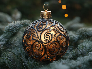 a Christmas ornament with a detailed gold design on a silver background.