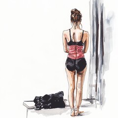 watercolor painting of a ballerina stretching and preparing backstage before a performance, on isolated white background