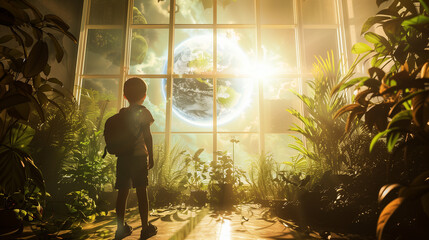 Child observing Earth through glass wall in lush, futuristic greenhouse setting