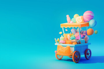 Colorful street cart filled with vibrant sweets and balloons