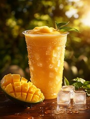 A refreshing yellow mango smoothie served in a tall clear plastic cup with a few water droplets on its surface