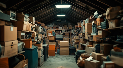 Obraz premium Attic storage space filled with various cardboard boxes and items, organized on shelves under sloped wooden ceiling, brightly lit by fluorescent lights.