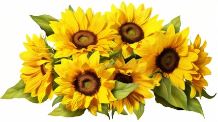 Bright yellow sunflowers with detailed petals and green stems isolated on transparent background for floral design, botanical art, and decorative projects
