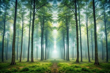 Obraz premium Misty forest with symmetrical trees and fog in the background