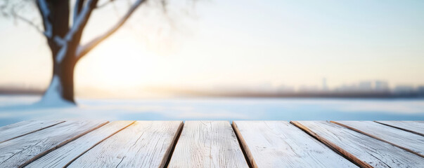 A wooden table with a tree in the background and snow on the ground