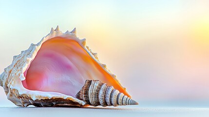 A beautiful conch shell and a smaller spiral shell on a soft background.