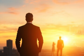 Silhouetted businessman watching a vibrant sunset over an urban skyline, symbolizing ambition and future possibilities.
