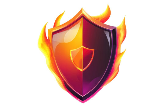 Vibrant shield icon enveloped in flames, symbolizing protection, security, and strength in a dynamic digital design.