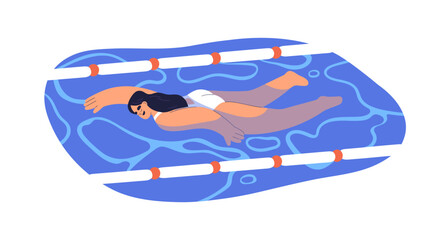 Woman in swimming pool, enjoying water sport, active leisure time. Female swimmer, happy girl in swimsuit, freestyle stroke. Aqua activity. Flat vector illustration isolated on white background