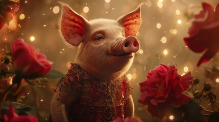 Fototapeta premium A pig in a fancy dress, belting out a love song on a stage adorned with flowers and twinkling lights.