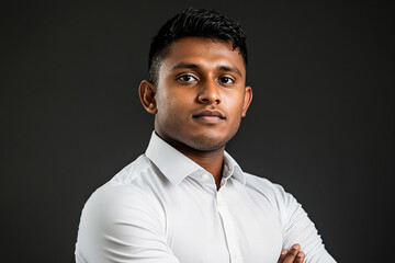 Fototapeta premium Confident Professional Man in White Shirt with Arms Crossed, Serious Expression, Studio Portrait Against Dark Background, Strength, and Determination