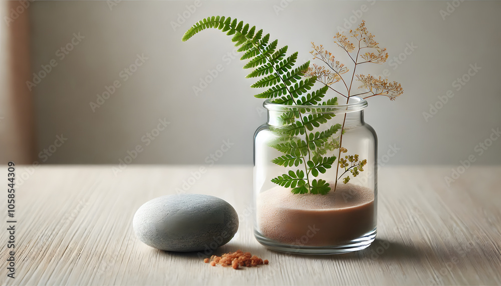 Poster a serene arrangement featuring a fern and delicate flowers in a glass jar, complemented by a smooth 