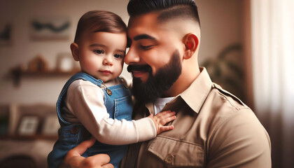 A joyful moment of a father and his child sharing smiles together in a loving family setting